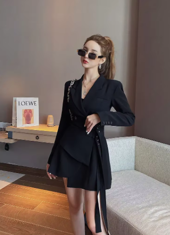 Elegant One-piece Office Lady Sashes Design Long Sleeve Mini Party Blazer Dress