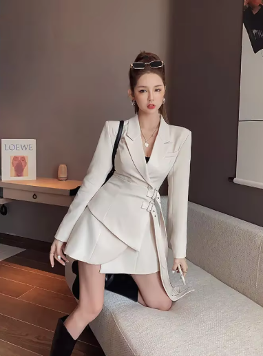 Elegant One-piece Office Lady Sashes Design Long Sleeve Mini Party Blazer Dress