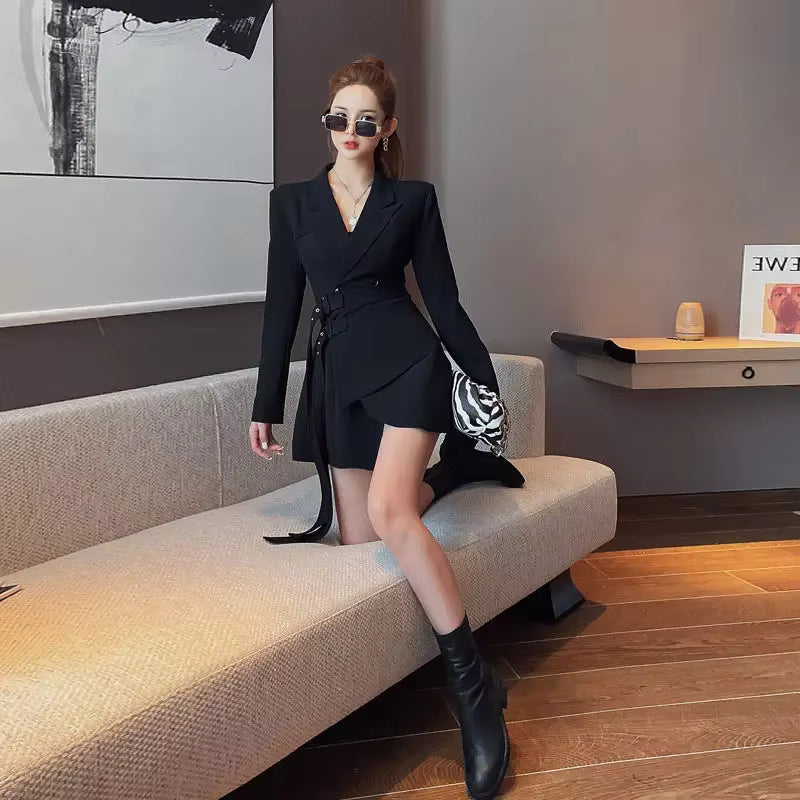 Elegant One-piece Office Lady Sashes Design Long Sleeve Mini Party Blazer Dress