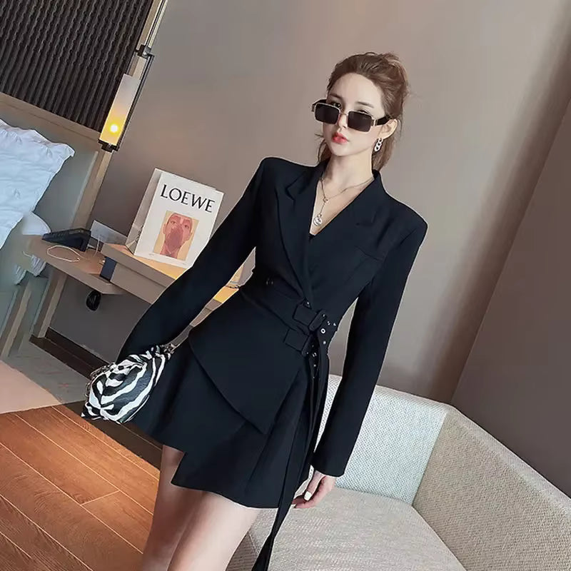 Elegant One-piece Office Lady Sashes Design Long Sleeve Mini Party Blazer Dress