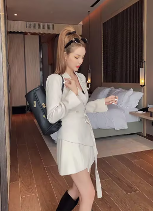 Elegant One-piece Office Lady Sashes Design Long Sleeve Mini Party Blazer Dress