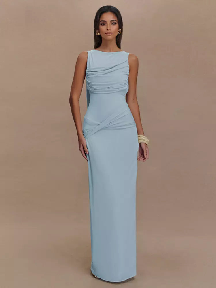 Elegant Open Back Ruched High Slit Sleeveless Long Dress Gown