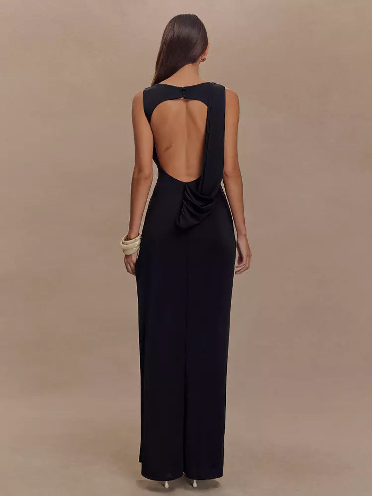Elegant Open Back Ruched High Slit Sleeveless Long Dress Gown