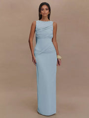 Elegant Open Back Ruched High Slit Sleeveless Long Dress Gown