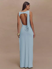 Elegant Open Back Ruched High Slit Sleeveless Long Dress Gown