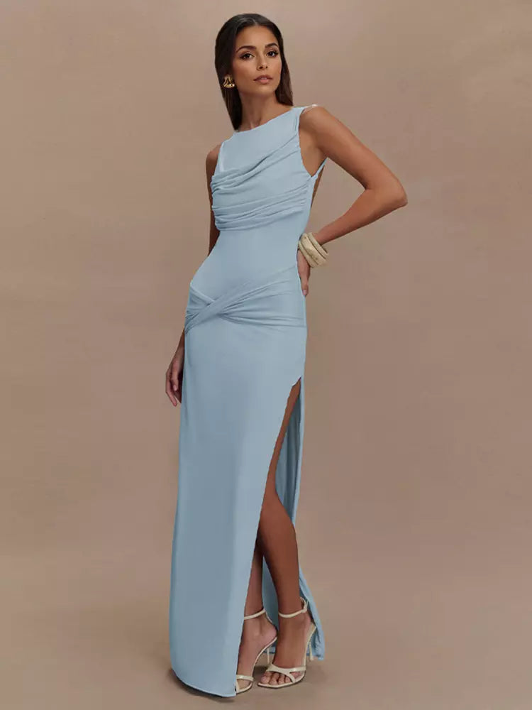 Elegant Open Back Ruched High Slit Sleeveless Long Dress Gown