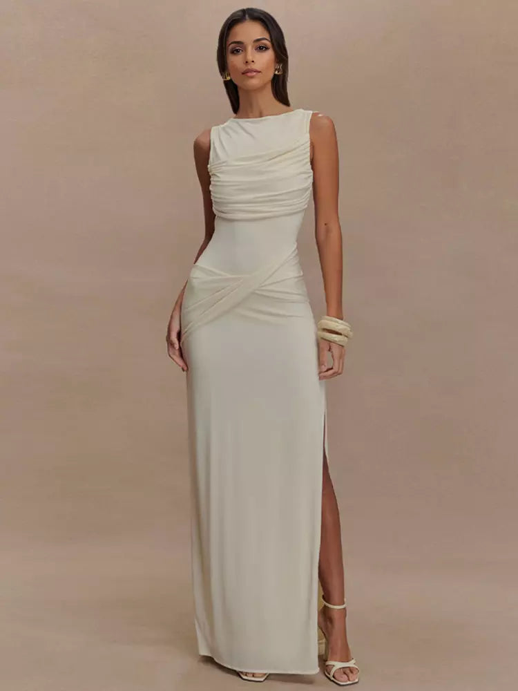 Elegant Open Back Ruched High Slit Sleeveless Long Dress Gown