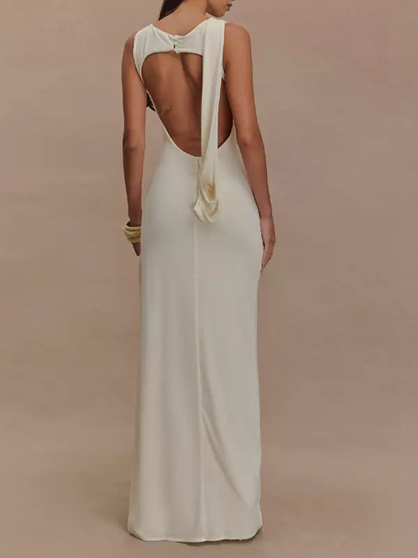 Elegant Open Back Ruched High Slit Sleeveless Long Dress Gown