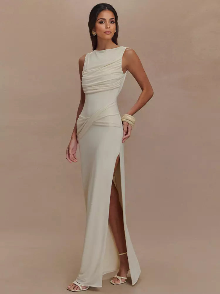 Elegant Open Back Ruched High Slit Sleeveless Long Dress Gown