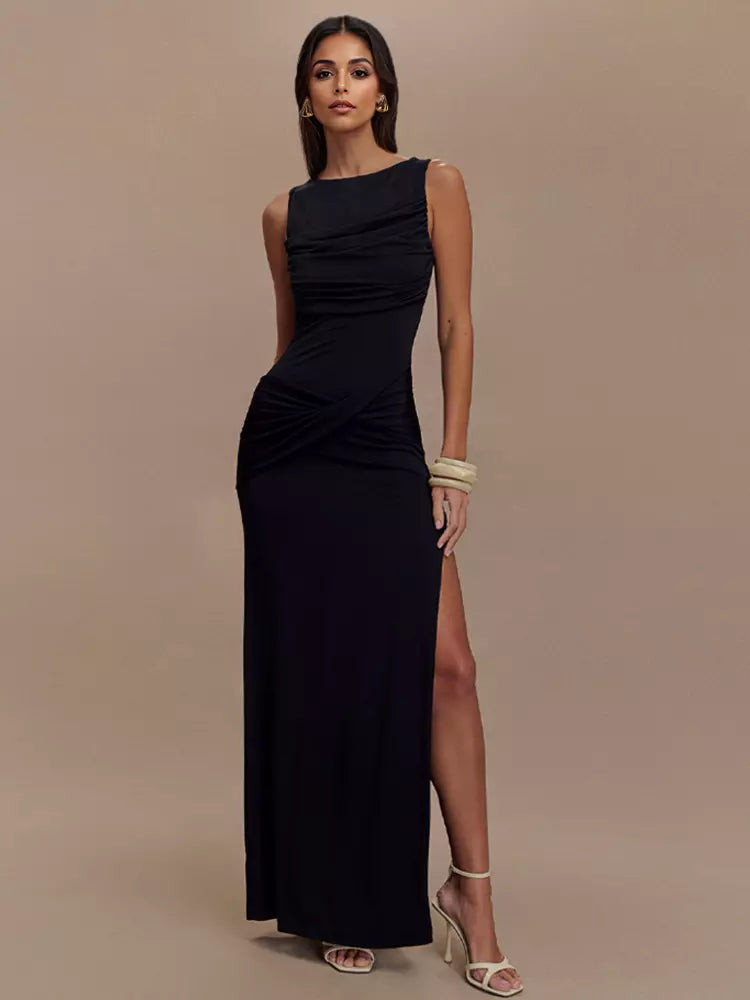 Elegant Open Back Ruched High Slit Sleeveless Long Dress Gown