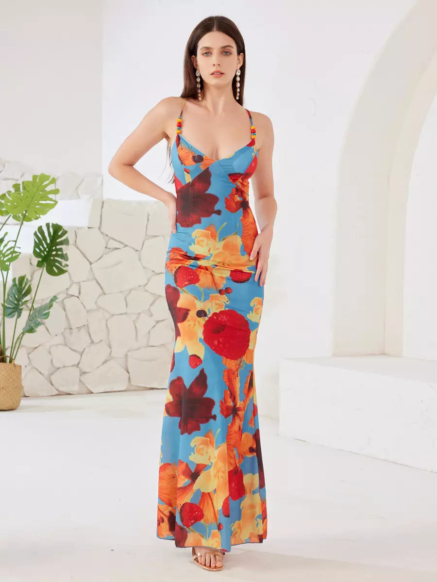 Elegant Open Back Spaghetti Straps Bodycon Floral Maxi Dress
