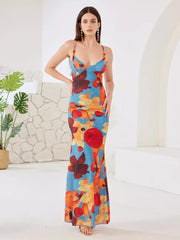 Elegant Open Back Spaghetti Straps Bodycon Floral Maxi Dress