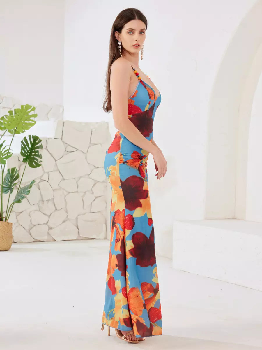 Elegant Open Back Spaghetti Straps Bodycon Floral Maxi Dress