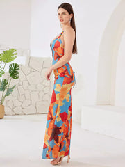 Elegant Open Back Spaghetti Straps Bodycon Floral Maxi Dress