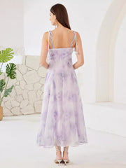 Elegant Open Shoulder Floral Spaghetti Straps Flowy Long Dress