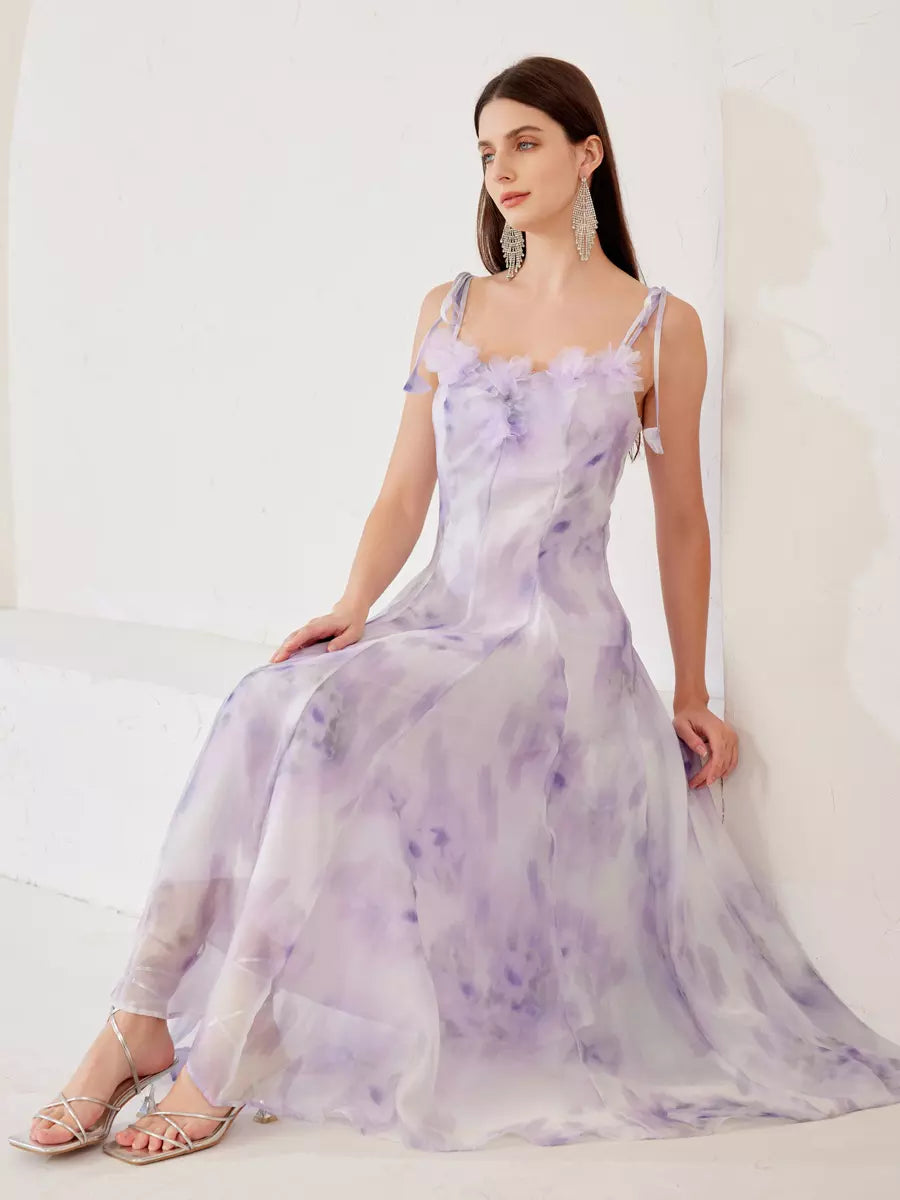 Elegant Open Shoulder Floral Spaghetti Straps Flowy Long Dress