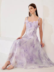 Elegant Open Shoulder Floral Spaghetti Straps Flowy Long Dress
