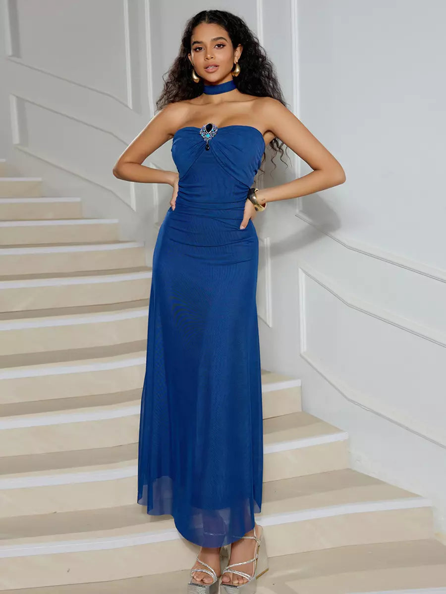 Elegant Open Shoulder Polyester Scarf Strapless Maxi Dress