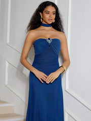 Elegant Open Shoulder Polyester Scarf Strapless Maxi Dress