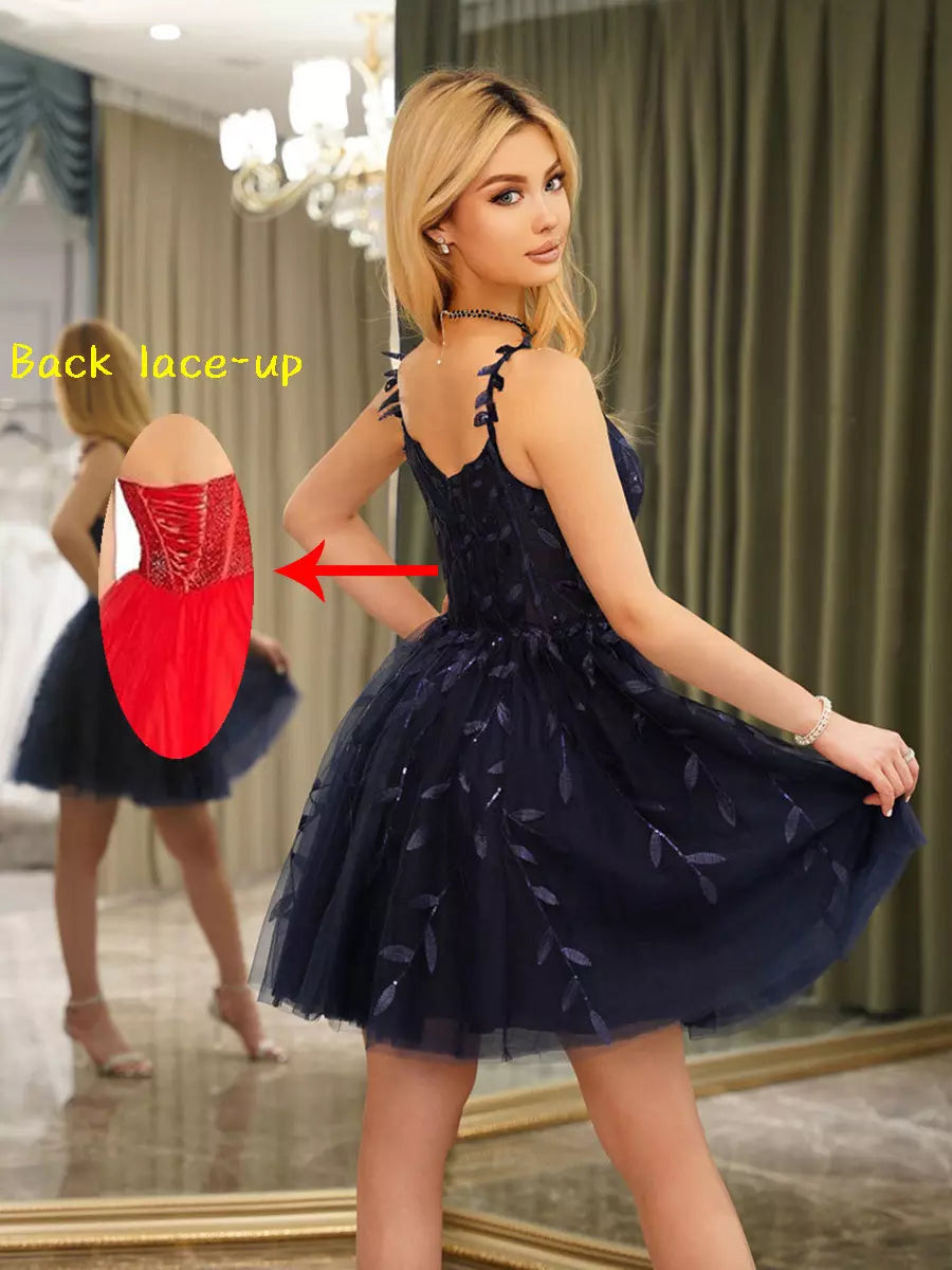 Elegant Open Shoulder Sparkling Leaf Applique Cocktail Dress
