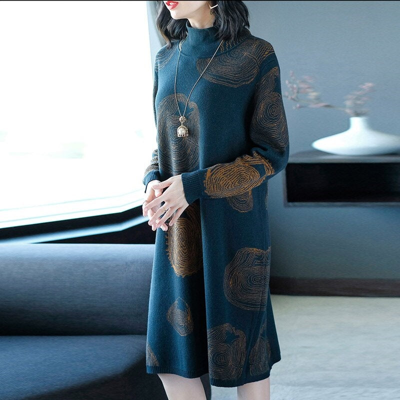 Elegant Orange knitting Party Sweater Dress