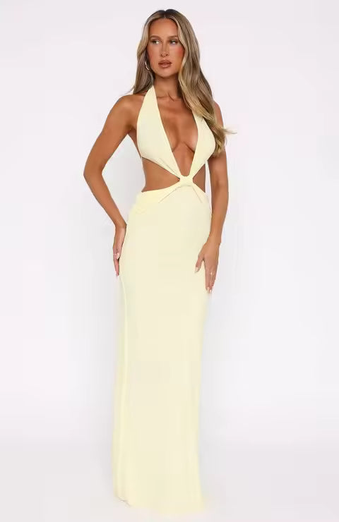 Elegant Out Halter Chic Backless Deep V Long Sleeveless Maxi Dresses