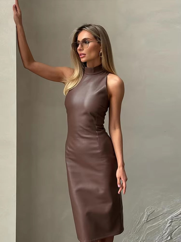 Elegant PU Leather High Collar Sleeveless Slim Fit Party Midi Dresses