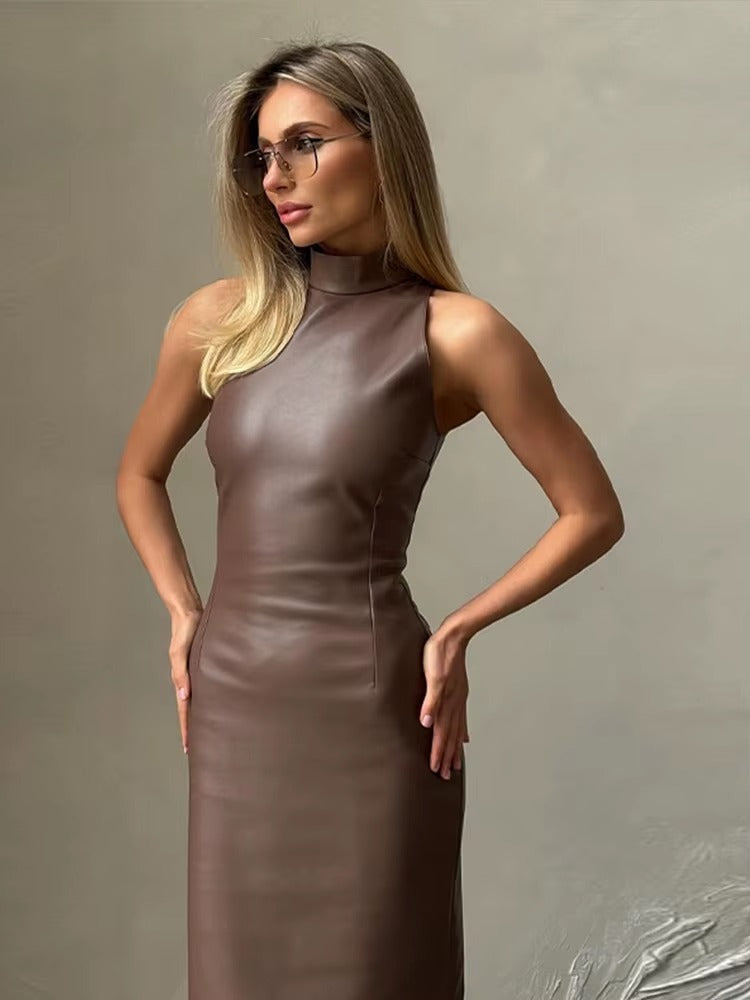 Elegant PU Leather High Collar Sleeveless Slim Fit Party Midi Dresses