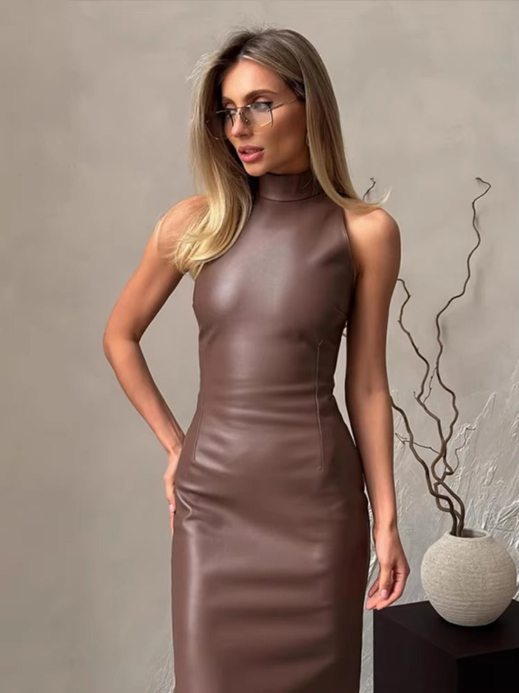Elegant PU Leather High Collar Sleeveless Slim Fit Party Midi Dresses