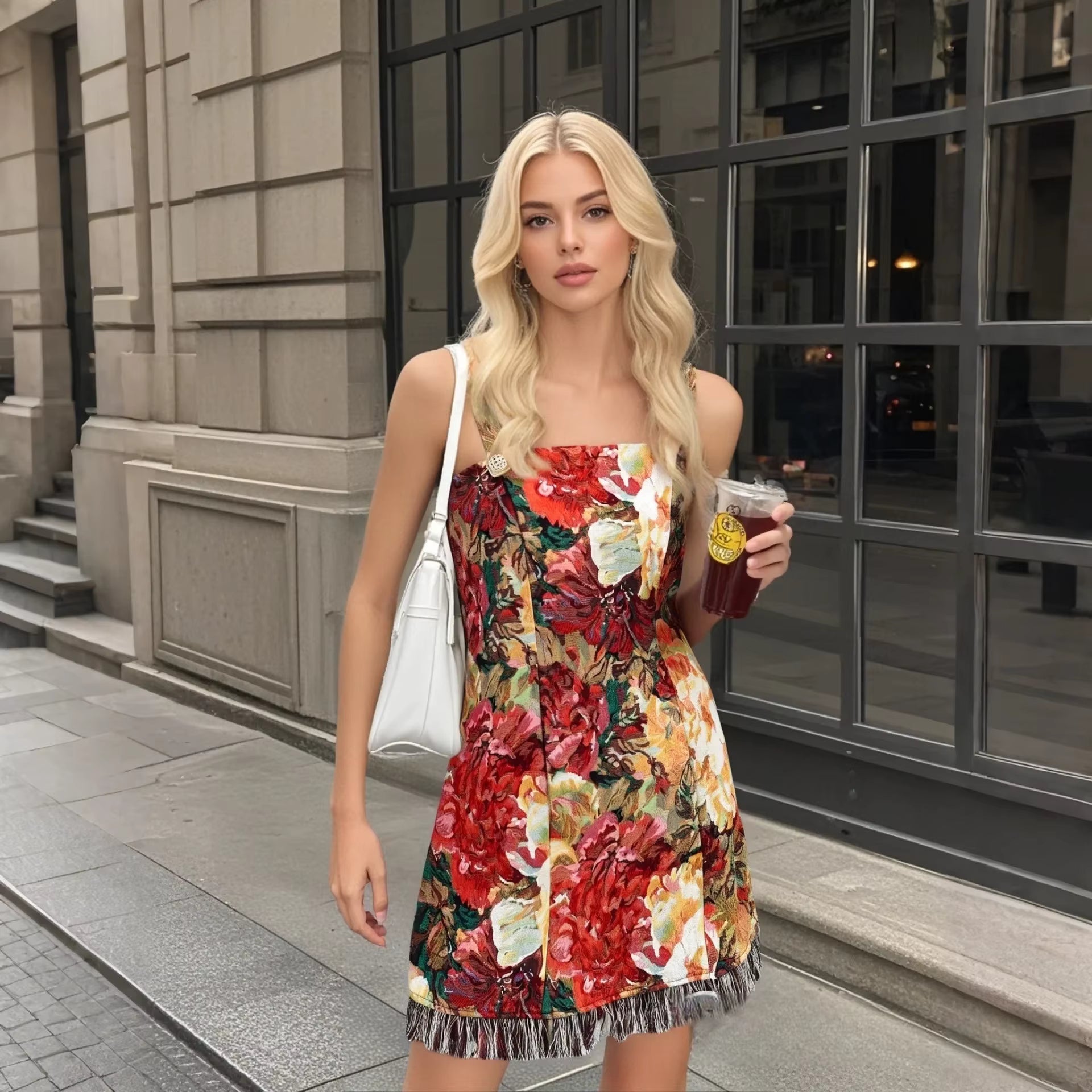 Elegant Painting Tassel Decoration Suspender Skirt Mini Dress