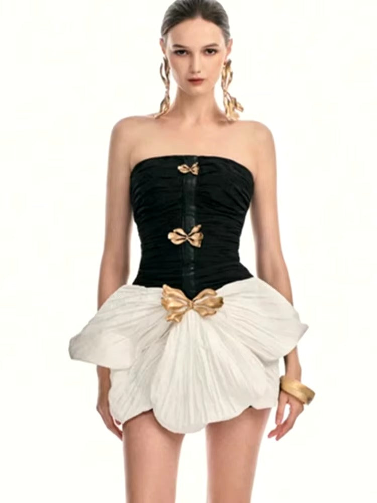 Elegant Patchwork Backless Metal Design Asymmetric Mini Dress