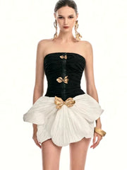 Elegant Patchwork Backless Metal Design Asymmetric Mini Dress
