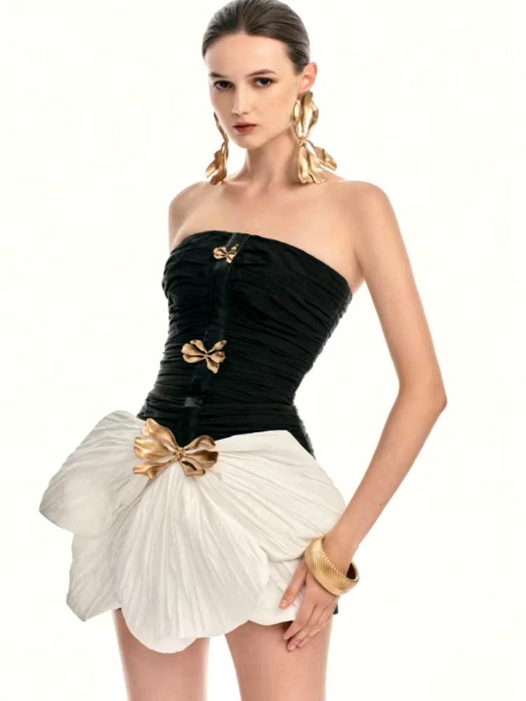 Elegant Patchwork Backless Metal Design Asymmetric Mini Dress