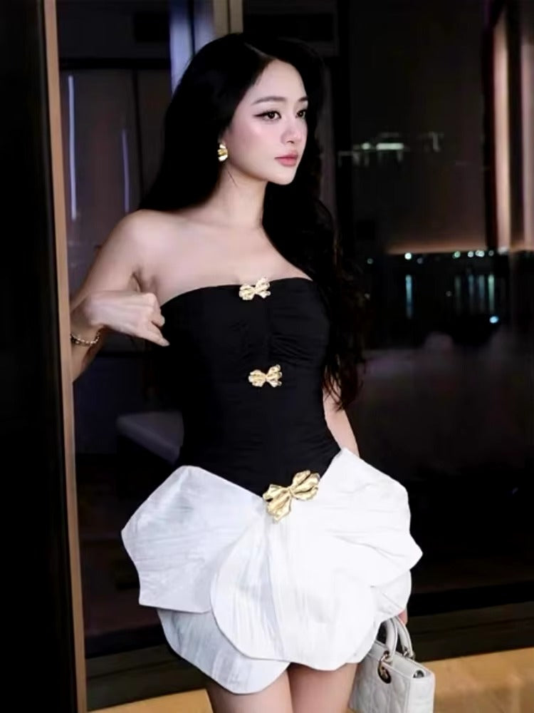Elegant Patchwork Backless Metal Design Asymmetric Mini Dress
