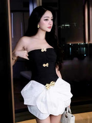 Elegant Patchwork Backless Metal Design Asymmetric Mini Dress