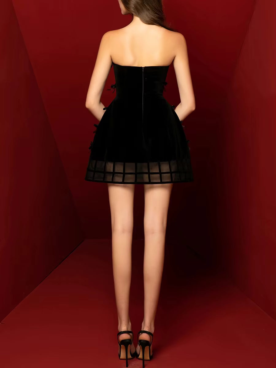 Elegant Patchwork Bowknot Slash Neck Sleeveless High Waist Mini Dress