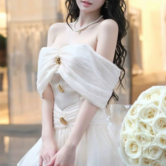 Elegant Patchwork Button Slash Neck Short Sleeve High Waist Dresses