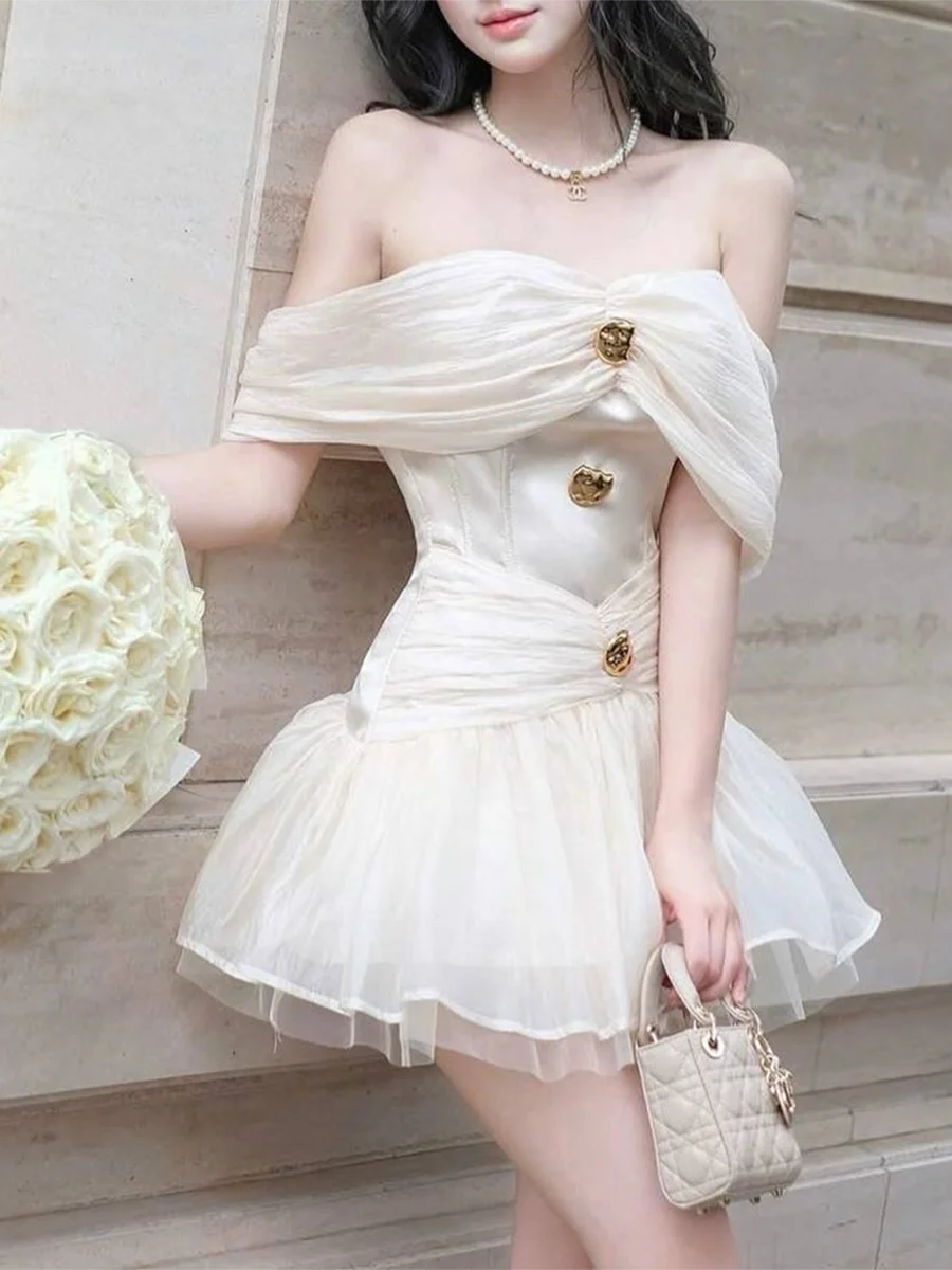 Elegant Patchwork Button Slash Neck Short Sleeve High Waist Dresses