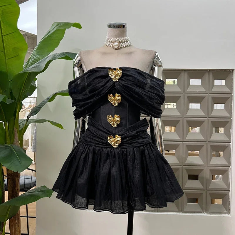 Elegant Patchwork Button Slash Neck Short Sleeve High Waist Dresses