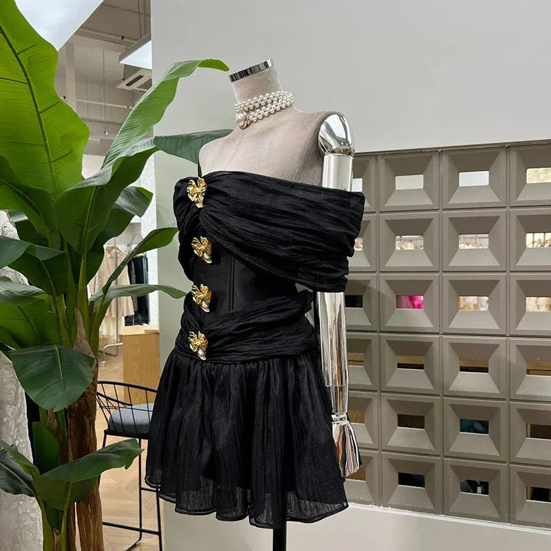 Elegant Patchwork Button Slash Neck Short Sleeve High Waist Dresses