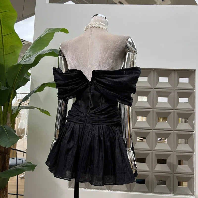 Elegant Patchwork Button Slash Neck Short Sleeve High Waist Dresses