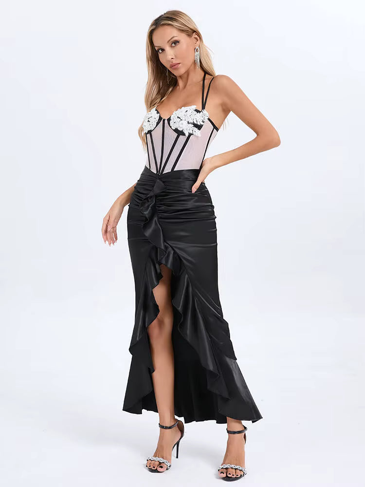 Elegant Patchwork Buttons Hollow Zip Plaid Sleeve Bodycon Maxi Dress