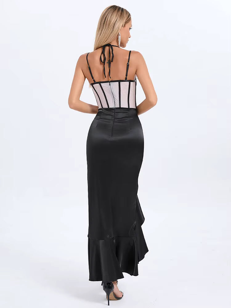 Elegant Patchwork Buttons Hollow Zip Plaid Sleeve Bodycon Maxi Dress