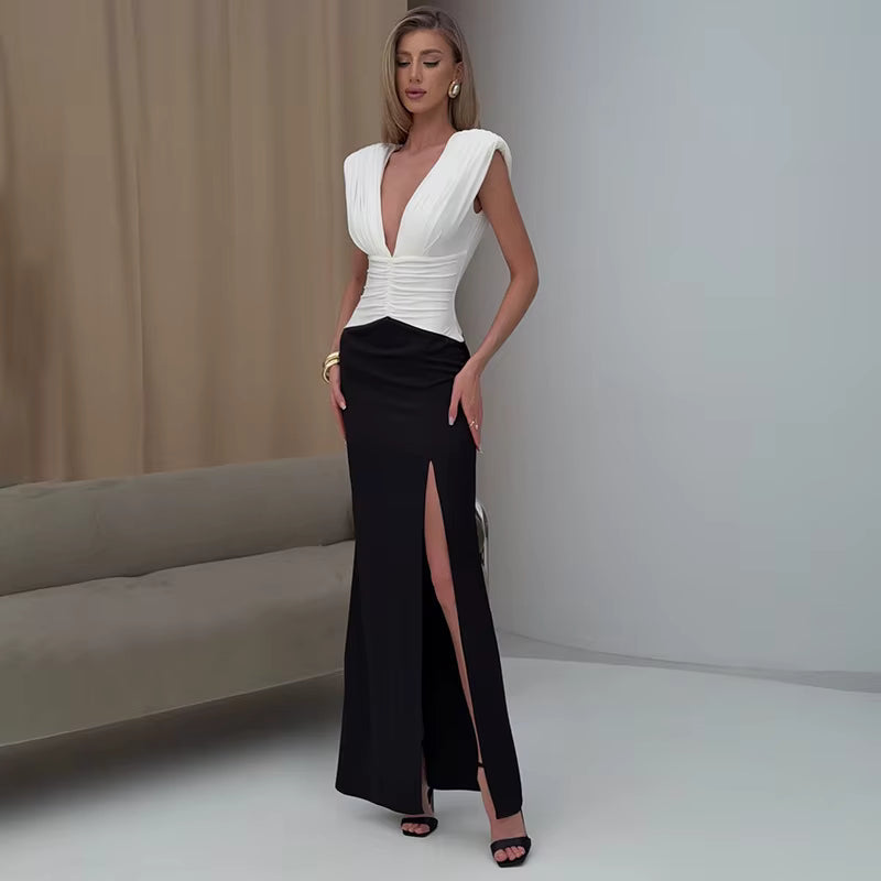 Elegant Patchwork Deep V-Neck Sleeveless High Split Long Maxi Dress
