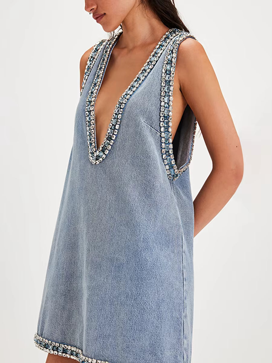 Elegant Patchwork Diamonds V-Neck Sleeveless Pullover High Street Mini Dress