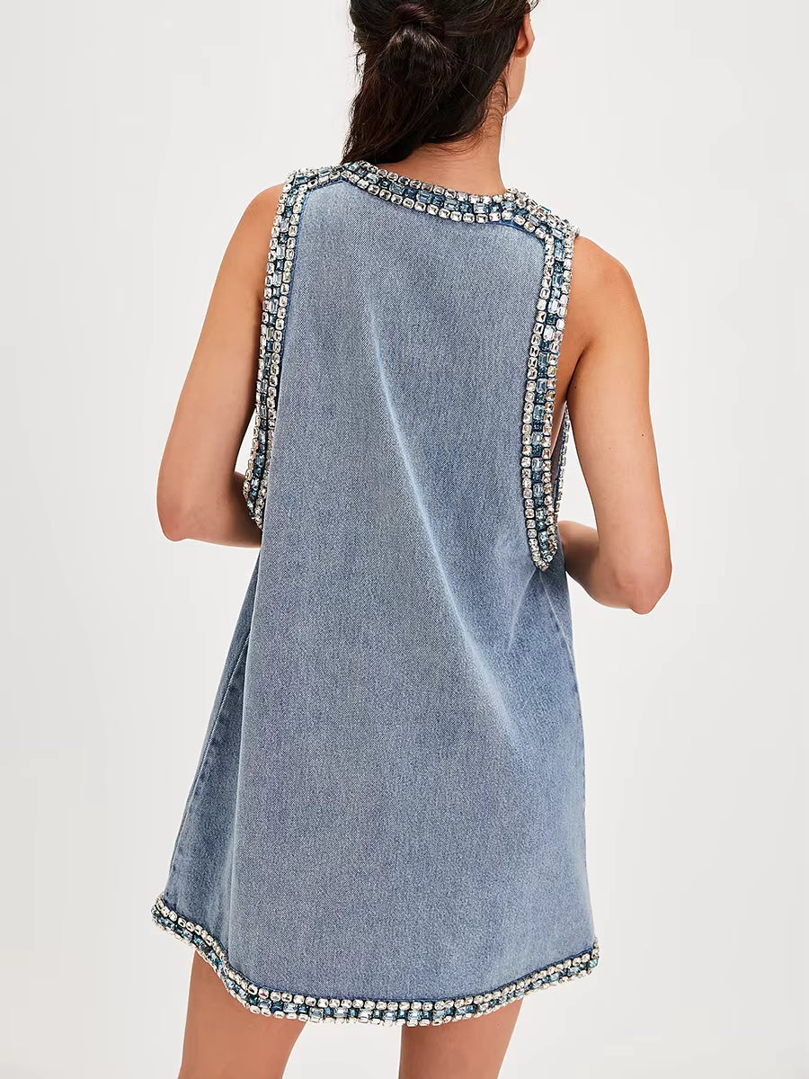 Elegant Patchwork Diamonds V-Neck Sleeveless Pullover High Street Mini Dress