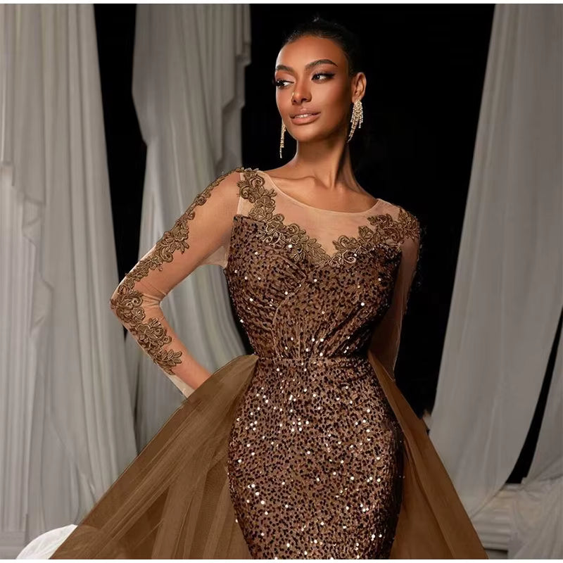 Elegant Patchwork Full Sleeve Beading Sequin See Through Long Maxi Dress