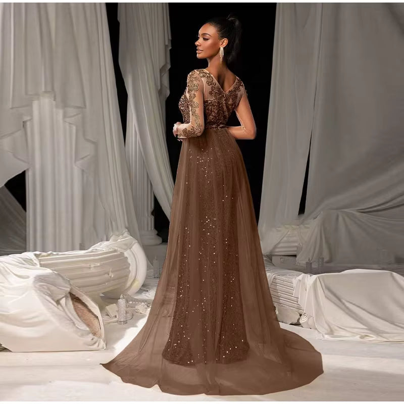 Elegant Patchwork Full Sleeve Beading Sequin See Through Long Maxi Dress