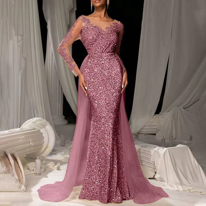 Elegant Patchwork Full Sleeve Beading Sequin See Through Long Maxi Dress