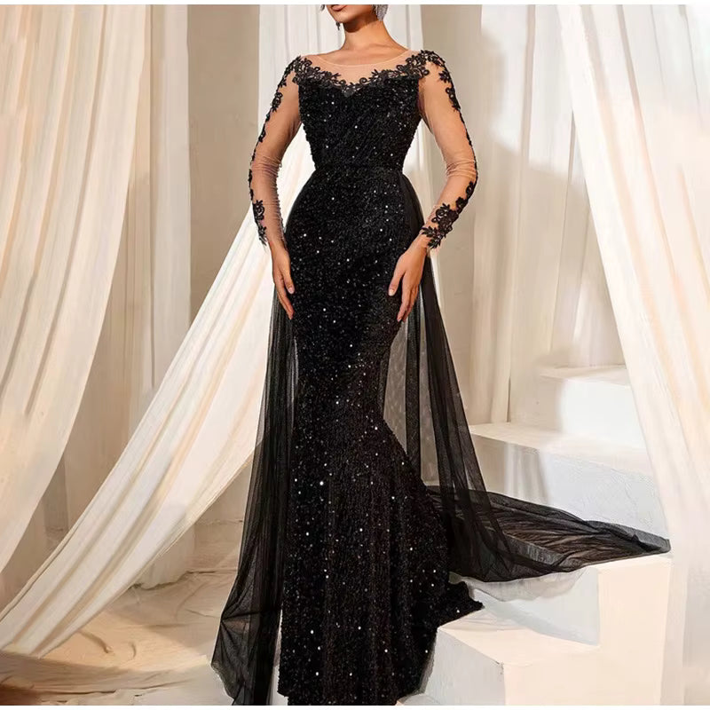 Elegant Patchwork Full Sleeve Beading Sequin See Through Long Maxi Dress
